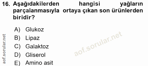 16. soru: Aşağıdakilerden hangisi yağların parçalanmasıyla ortaya çıkan son ürünlerden biridir? A) Glukoz B) Lipaz C) Galaktoz…