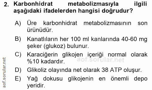 2. soru: Karbonhidrat metabolizmasıyla ilgili aşağıdaki ifadelerden hangisi doğrudur? A) Ure karbonhidrat metabolizmasının son…