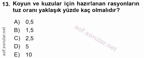 13. soru: Koyun ve kuzular için hazırlanan rasyonların tuz oranı yaklaşık yüzde kaç olmalıdır? A) 0,5 B) 1,5 C) 2,5 D) 5 E) 10