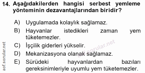 14. soru: Aşağıdakilerden hangisi serbest yemleme yönteminin dezavantajlarından biridir? A) Uygulamada kolaylık sağlamaz. B) Ha…