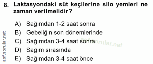 8. soru: Laktasyondaki süt keçilerine silo yemleri ne zaman verilmelidir? A) Sağımdan 1-2 saat sonra B) Gebeliğin son dönemler…