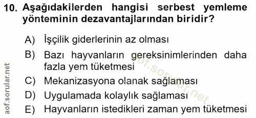 10. soru: Aşağıdakilerden hangisi serbest yemleme yönteminin dezavantajlarından biridir? A) İşçilik giderlerinin az olması Bazı…