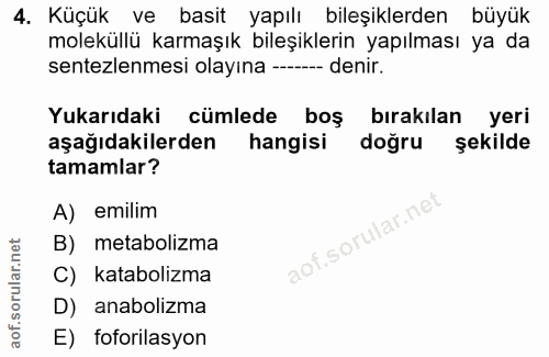 4. soru: Küçük ve basit yapılı bileşiklerden büyük moleküllü karmaşık bileşiklerin yapılması ya da sentezlemesi olayına -----…