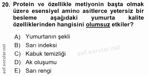 20. soru: Protein ve özellikle metiyonin başta olmak üzere esensiyel amino asitlerce yetersiz bir besleme aşağıdaki yumurta kal…