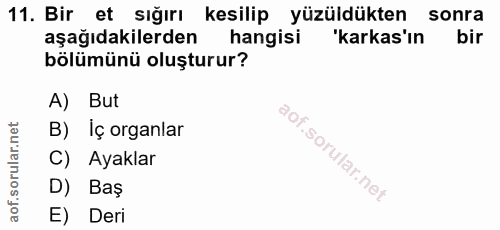 11. soru: Bir et sığırı kesilip yüzüldükten sonra aşağıdakilerden hangisi 'kakas'ın bir bölümünü oluşturur? A) But B) Iç organl…