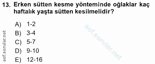 13. soru: Erken sütten kesme yönteminde oğlaklar kaç haftalık yaşta sütten kesilmelidir? A) 1-2 B) 3-4 C) 5-7 D) 9-10 E) 12-16