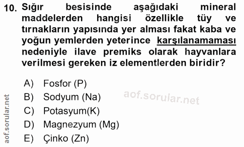 10. soru: Sığır besisinde aşağıdaki mineral maddelerden hangisi özellikle tüy ve tırnakların yapısında yer alması fakat kaba ve…