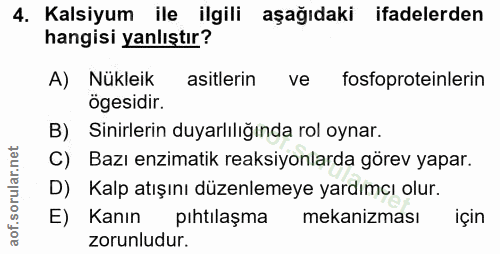 4. soru: Kalsiyum ile ilgili aşağıdaki ifadelerden hangisi yanlıştır? A) Nükleik asitlerin ve fosfoproteinlerin ögesidir. B) S…