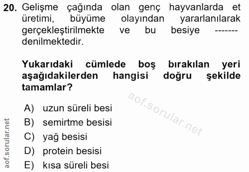 20. soru: Gelişme çağında olan genç hayvanlarda et üretimi, büyüme olayından yararlanılarak gerçekleştirilmekte ve bu besiye de…