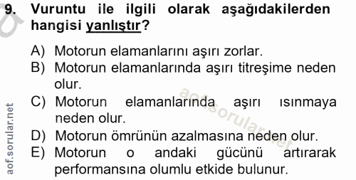 9. soru: Vuruntu ile ilgili olarak aşağıdakilerden hangisi yanlıştır? A) Motorun elamanlarını aşırı zorlar. B) Motorun elamanl…