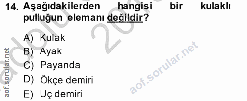 14. soru: Aşağıdakilerden hangisi bir kulaklı pulluğun elemanı değildir? A) Kulak B) Ayak C) Payanda D) Okçe demiri E) Uç demiri