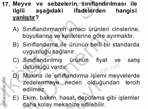 17. soru: Meyve ve sebzelerin sinıflandırılması ile ilgili aşağıdaki ifadelerden hangisi yanlıştır? A) Sınıflandırmanın amacı ü…