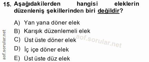 15. soru: Aşağıdakilerden hangisi eleklerin düzenleniş şekillerinden biri değildir? A) Yan yana döner elek B) Karışık düzenleme…