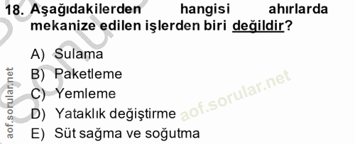 18. soru: Aşağıdakilerden hangisi ahırlarda mekanize edilen işlerden biri değildir? A) Sulama B) Paketleme C) Yemleme D) Yatakl…