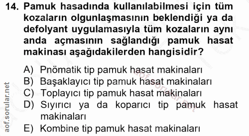 14. soru: Pamuk hasadında kullanılabilmesi için tüm kozaların olgunlaşmasının beklendiği ya da defolyant uygulamasıyla tüm koza…