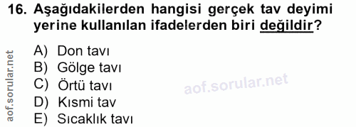 16. soru: Aşağıdakilerden hangisi gerçek tav deyimi yerine kullanılan ifadelerden biri değildir? A) Don tavI B) Gölge tavı C) Ö…