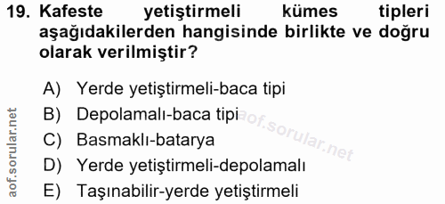 19. soru: Kafeste yetiştirmeli kümes tipleri aşağıdakilerden hangisinde birlikte ve doğru olarak verilmiştir? A) Yerde yetiştir…