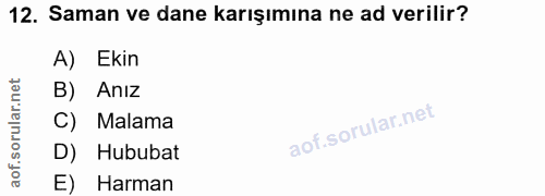 12. soru: Saman ve dane karışımına ne ad verilir? A) Ekin B) Anız C) Malama D) Hububat E) Harman