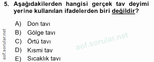 5. soru: Aşağıdakilerden hangisi gerçek tav deyimi yerine kullanılan ifadelerden biri değildir? A) Don tavi B) Gölge tavi C) Ö…