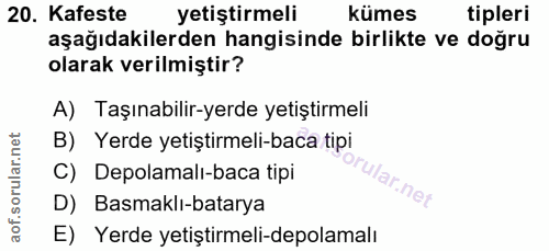 20. soru: Kafeste yetiştirmeli kümes tipleri aşağıdakilerden hangisinde birlikte ve doğru olarak verilmiştir? A) Taşınabilir-ye…