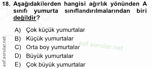 18. soru: Aşağıdakilerden hangisi ağırlık yönünden A sınıfı yumurta sınıflandırılmalarından biri değildir? A) Çok küçük yumurta…