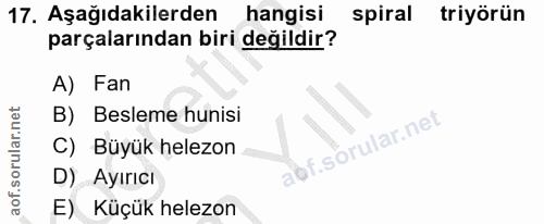 17. soru: Aşağıdakilerden hangisi spiral triyörün parçalarından biri değildir? A) Fan B) Besleme hunisi lof. C) Büyük helezon D…