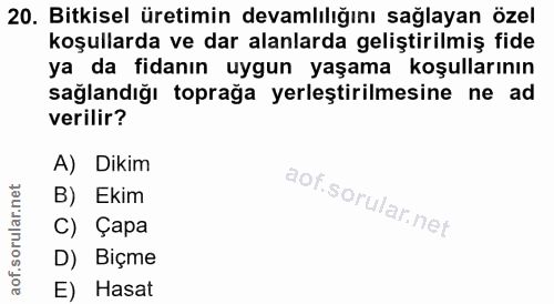 20. soru: Bitkisel üretimin devamlılığını sağlayan özel koşullarda ve dar alanlarda geliştirilmiş fide ya da fidanın uygun yaşa…