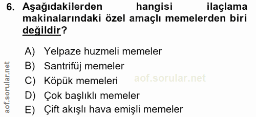 6. soru: Aşağıdakilerden hangisi ilaçlama makinalarındaki özel amaçlı memelerden biri değildir? A) Yelpaze huzmeli memeler B)…