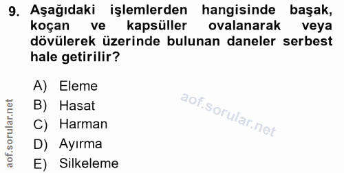 9. soru: Aşağıdaki işlemlerden hangisinde başak, koçan ve kapsüller ovalanarak veya dövülerek üzerinde bulunan daneler serbest…