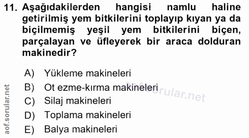 11. soru: Aşağıdakilerden hangisi namlu haline getirilmiş yem bitkilerini toplayıp kıyan ya da biçilmemiş yeşil yem bitkilerini…