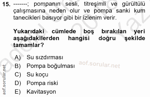15. soru: -; pompanın sesli, titreşimli ve gürültülü çalışmasına neden olur ve pompa sanki kum tanecikleri basıyor gibi bir izl…