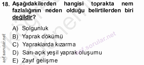 18. soru: Aşağıdakilerden hangisi toprakta nem fazlalığının neden olduğu belirtilerden biri değildir? A) Solgunluk B) Yaprak dö…