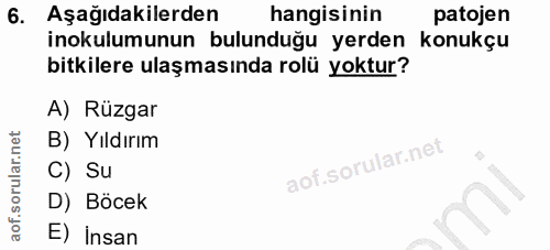 6. soru: Aşağıdakilerden hangisinin patojen inokulumunun bulunduğu yerden konukçu bitkilere ulaşmasında rolü yoktur? A) Rüzgar…