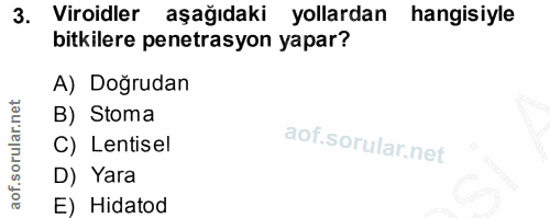 3. soru: Viroidler aşağıdaki yollardan hangisiyle bitkilere penetrasyon yapar? A) Doğrudan B) Stoma C) Lentisel D) Yara E) Hid…