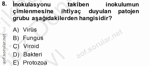 8. soru: İnokulasyonu takiben inokulumun çimlenmesine ihtiyaç duyulan patojen grubu aşağıdakilerden hangisidir? A) Virüs B) Fu…