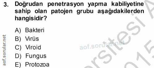 3. soru: Doğrudan penetrasyon yapma kabiliyetine sahip olan patojen grubu aşağıdakilerden hangisidir? A) Bakteri B) Virüs C) V…
