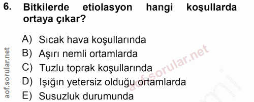 6. soru: Bitkilerde etiolasyon hangi koşullarda ortaya çıkar? A) Sıcak hava koşullarında B) Aşırı nemli ortamlarda lar.net C)…