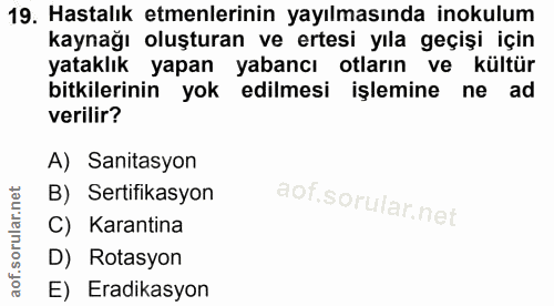 19. soru: Hastalık emenlerinin yayılmasında inokulum kaynağı oluşturan ve ertesi yıla geçişi için yataklık yapan yabancı otları…