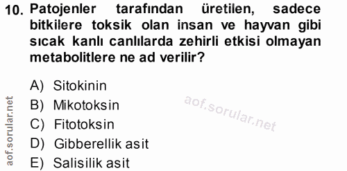 10. soru: Patojenler tarafından | üretilen, sadece bitkilere toksik olan insan ve hayvan gibi sıcak kanlı canlılarda zehirli et…