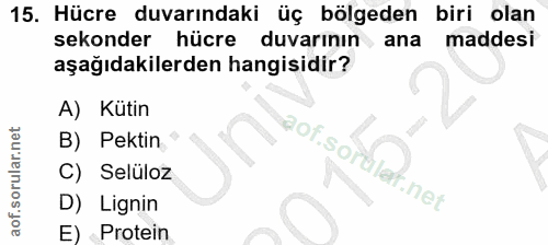 15. soru: Hücre duvarındaki üç bölgeden biri olan sekonder hücre duvarının ana maddesi aşağıdakilerden hangisidir? A) Kütin aao…