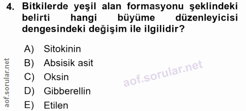 4. soru: Bitkilerde yeşil alan formasyonu şeklindeki belirti hangi büyüme düzenleyicisi dengesindeki değişim ile ilgilidir? A)…