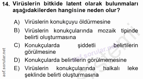 14. soru: Virüslerin bitkide latent olarak bulunmaları aşağıdakilerden hangisine neden olur? A) Virüslerin konukçuyu öldürmesin…
