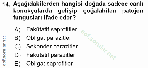 14. soru: Aşağıdakilerden hangisi doğada sadece canlı konukçularda gelişip çoğalabilen patojen fungusları ifade eder? A) Faküta…