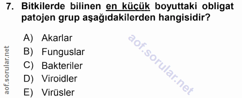 7. soru: Bitkilerde bilinen en küçük boyuttaki obligat patojen grup aşağıdakilerden hangisidir? A) Akarlar B) Funguslar C) Bak…