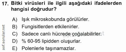 17. soru: Bitki virüsleri ile ilgili aşağıdaki ifadelerden hangisi doğrudur? A) Işık mikroskobunda görülürler. B) Fungisitlerde…