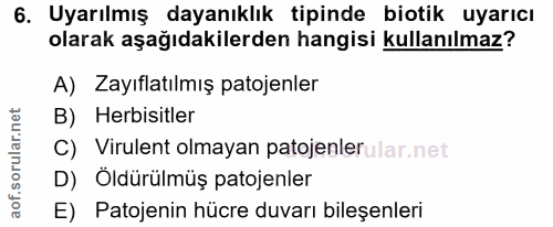 6. soru: Uyarılmış dayanıklık tipinde biotik uyarıcı olarak aşağıdakilerden hangisi kullanılmaz? A) Zayıflatılmış patojenler B…
