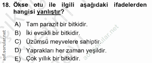 18. soru: Ökse otu ile ilgili aşağıdaki ifadelerden hangisi yanlıştır? A) Tam parazit bir bitkidir. ar.net B) Iki evcikli bir b…