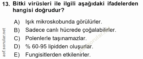 13. soru: Bitki virüsleri ile ilgili aşağıdaki ifadelerden hangisi dogrudur? A) Işık mikroskobunda görülürler. B) Sadece canlı…
