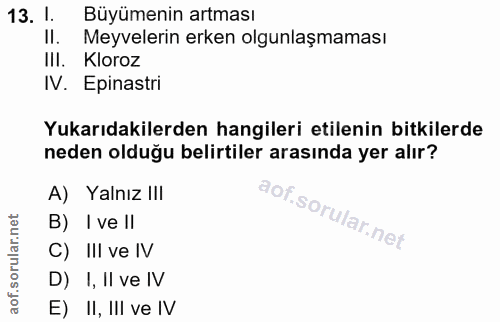 13. soru: 1. Büyümenin artması Il. Meyvelerin erken olgunlaşmaması IlI. Kloroz IV. Epinastri Yukarıdakilerden hangileri etileni…