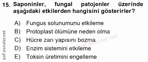15. soru: Saponinler, fungal patojenler üzerinde aşağıdaki etkilerden hangisini gösterirler? A) Fungus solunumunu etkileme B) P…